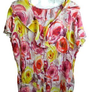 1085)Vtg 90's Floral Pleated Colorful Button Ruffle Short Sleeve Top Plus Sz 1X